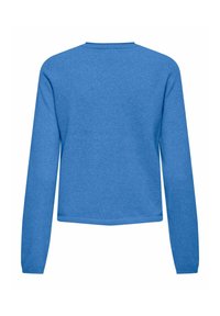 Blå genser med lange ermer laget av mykt stoff, med rund hals og enkel, rett skjæring bak uten synlige sømmer eller mønstre.