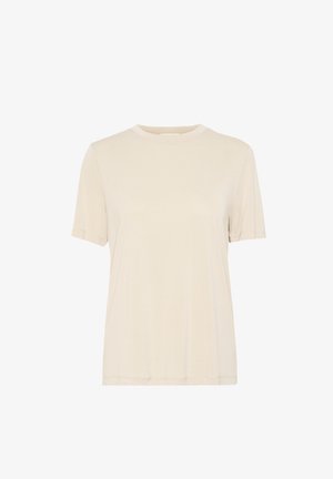 Bež majica kratkih rukava izrađena od mekog materijala. Ima okrugli izrez, jednostavan dizajn i ravan kroj s urednim šavovima.