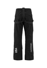 Pantaloni da neve neri con bretelle regolabili, con i loghi "USA" e "Kappa" in bianco. Il design presenta una gamba dritta e dettagli con cerniera.