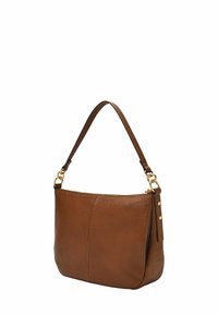 Sac à épaule en cuir marron avec une surface texturée, des accents en matériel doré et une seule sangle. Présente des lignes épurées et une fermeture éclair.