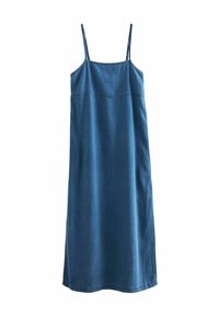 Denim ruha spagetti pántokkal, egyenes szabással, közepes hosszúságú kialakítással és közepes kék árnyalattal. Minimalista design, oldalsó hasítékokkal.