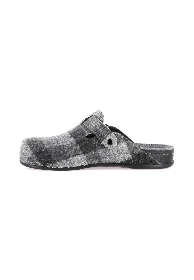 Zoccolo slip-on a quadri grigi e neri con cinturino regolabile e punta rotonda, mostrato in vista laterale su sfondo bianco.