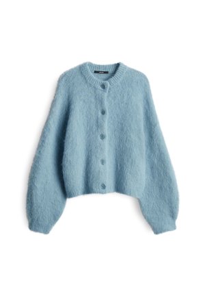 Cardigan morbido di colore blu chiaro con maniche a palloncino lunghe e cinque bottoni frontali, esposto su uno sfondo bianco.