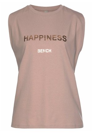 Haut sans manches mauve clair avec "HAPPINESS" en marron brillant et "BENCH." en blanc centré à l'avant.