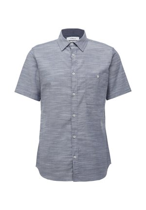 Chemise à manches courtes boutonnée en tissu gris texturé avec une poche poitrine unique et un col. Dotée de boutons contrastants et d'un ourlet arrondi.