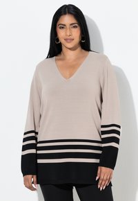 Béžový svetr s dlouhým rukávem a výstřihem do V, s černými pruhy na manžetách a lemu. Vyrobený z měkké, strukturované pleteniny.