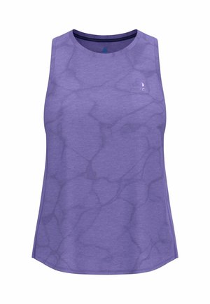 Lila ärmelloses Tanktop mit feinem marmoriertem Muster, rundem Halsausschnitt und leicht geschwungenem Saum. Hergestellt aus leichtem, atmungsaktivem Material.