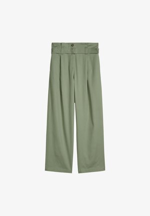 Spodnie oliwkowe o wysokim stanie, szerokie nogawki, z plisami, zapinane z przodu na guziki i zamek błyskawiczny, z dopasowanym paskiem z tkaniny z metalową klamrą.