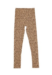 Leggings en imprimé animal beige avec des taches brunes. Fabriqués en tissu extensible, dotés d'une large taille et d'une coupe ajustée.