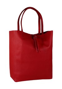 Rode leren shopper met een getextureerd oppervlak, open bovenkant en twee lange hengsels. Voorzien van een aangetrokken trekkoordsluiting.