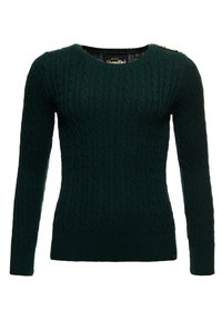 Grüner, gestrickter Pullover mit einem Kabelmuster, Rundhalsausschnitt, langen Ärmeln und dekorativen Knöpfen an der Schulter. Weiche Textur.