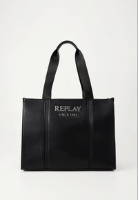 Black leather tote bag with two thick handles, featuring embossed text "REPLAY SINCE 1981" on the front and a smooth, structured design.