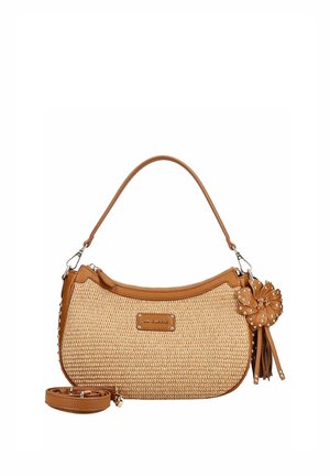 Borsa a tracolla intrecciata color cuoio con rifiniture in pelle, tracolla removibile e charm in pelle borchiato a forma di fiore sul lato.