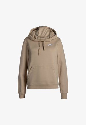 Sweat à capuche beige en tissu doux, doté d'une poche kangourou, d'une capuche réglable avec cordon de serrage et du logo Nike blanc sur la poitrine.