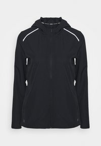 Schwarze Sportjacke mit Reißverschluss vorn, Kapuze und elastischen Bündchen. Verfügt über weiße reflektierende Akzente auf den Schultern. Hergestellt aus leichtem Material.