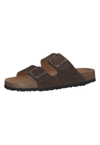 Bruna mocka slide-sandaler med två justerbara spännen, korkfotbädd och texturerad svart gummisula. Enklare och öppen design för enkel på- och avtagning.