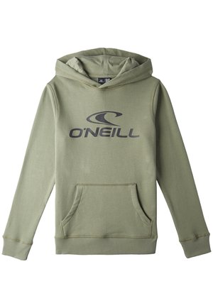 Grüne Kapuzenjacke aus Baumwoll-Mischgewebe. Verfügt über eine vordere Kängurutasche, gerippte Bündchen und ein großes O'Neill-Logo in Dunkelgrau auf der Vorderseite.