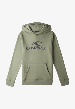 Green hoodie made of cotton blend. Features a front kangaroo pocket, ribbed cuffs, and a large O'Neill logo in dark gray on front.
