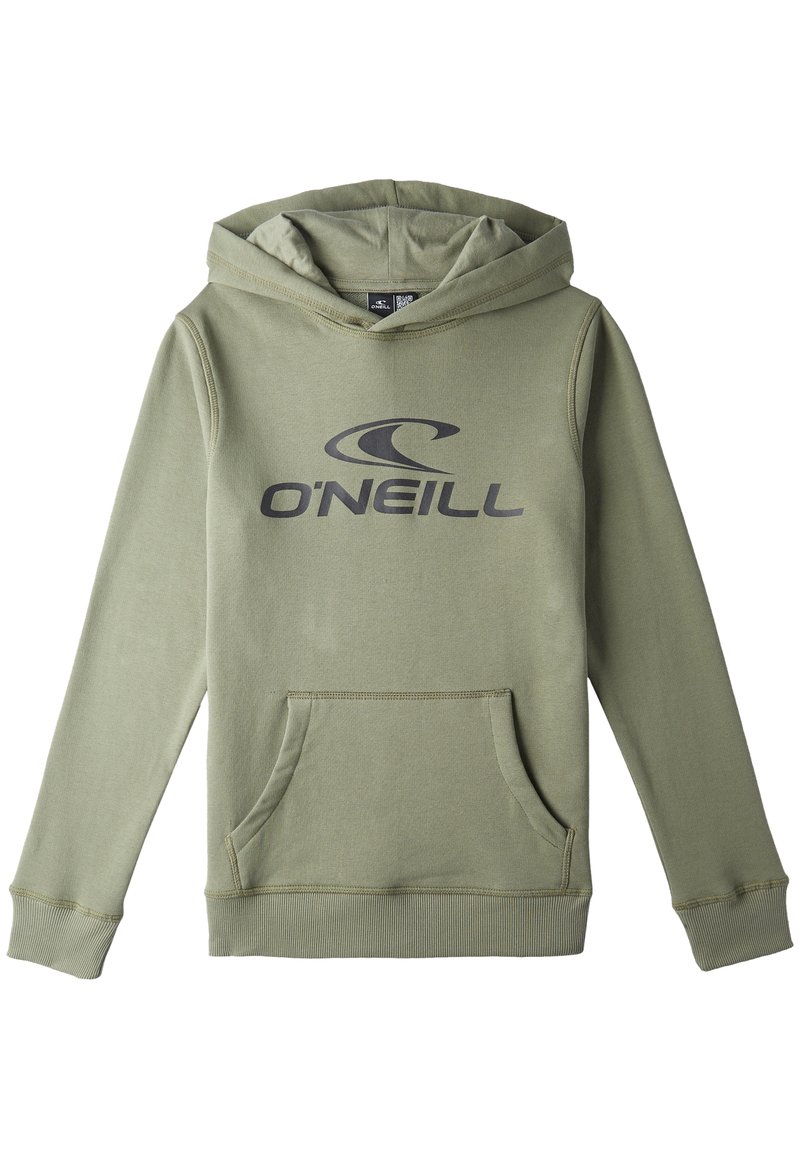 Sweat à capuche vert en mélange de coton. Il dispose d'une poche kangourou à l'avant, de poignets côtelés et d'un grand logo O'Neill en gris foncé sur le devant.