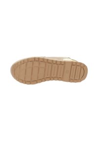 Suela de tenis marrón claro con un patrón texturizado y surcos profundos. Presenta un tacón ligeramente elevado y un material de goma suave y ligero.