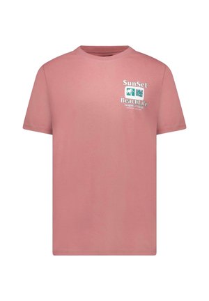 Roze katoenen t-shirt met korte mouwen, een ronde hals en een bedrukt tekst met palmbomen aan de voorkant links.