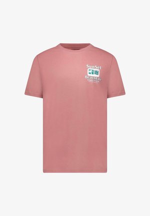 Roze katoenen t-shirt met korte mouwen, een ronde hals en een bedrukt tekst met palmbomen aan de voorkant links.