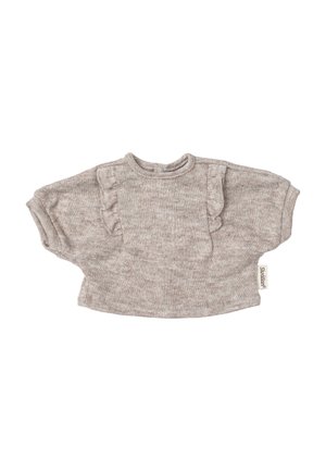 Morbido maglione per neonati in grigio chiaro lavorato a maglia con maniche corte a sbuffo e piccoli dettagli arricciati sui lati anteriori.