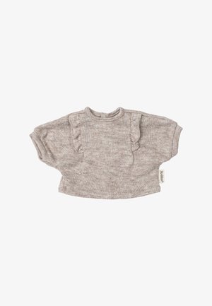 Morbido maglione per neonati in grigio chiaro lavorato a maglia con maniche corte a sbuffo e piccoli dettagli arricciati sui lati anteriori.