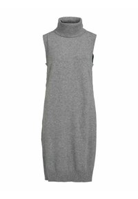 Grå ärmlös klänning med hög räfflad polokrage, med en mjuk textur och rak silhuett, som slutar vid midjan.