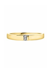 Goldring mit glatter Oberfläche, ausgestattet mit einem kleinen silbernen Akzent und drei eingefassten klaren Steinen in der Mitte.