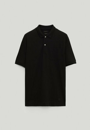 Black short-sleeve polo shirt with a collar, two white buttons, and a chest pocket, displayed against a plain light gray background.