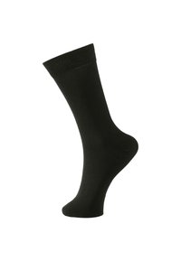 Sorte bomuldsstrømper med ribbede manchetter, tilpasset form, glat tekstur og sømløs tådel, designet til komfort og daglig brug.