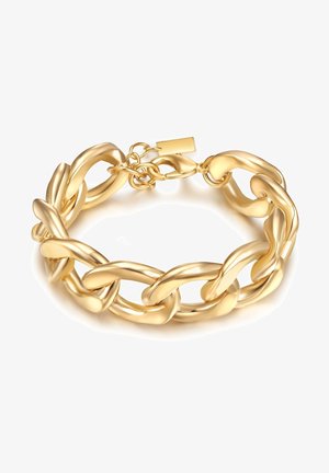 Goldfarbene Kettenarmband mit klobigen, ineinandergreifenden Gliedern mit polierter Oberfläche und einem sicheren Verschluss.