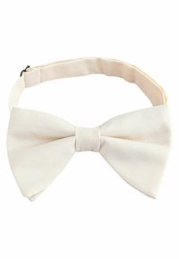 Kremowy, teksturowany muszka z regulowanym paskiem i czarnym zapięciem, wyeksponowana na białym tle.
