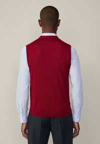 Maglione senza maniche rosso, con texture a maglia, indossato su una camicia a righe blu e bianche, abbinato a pantaloni grigi. Presenta una vista posteriore semplice.