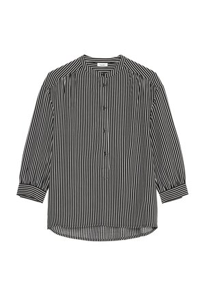 Zwart-wit verticale gestreepte blouse met lange mouwen, ronde halslijn, knoopsluiting en geribde manchetten, losse pasvorm.