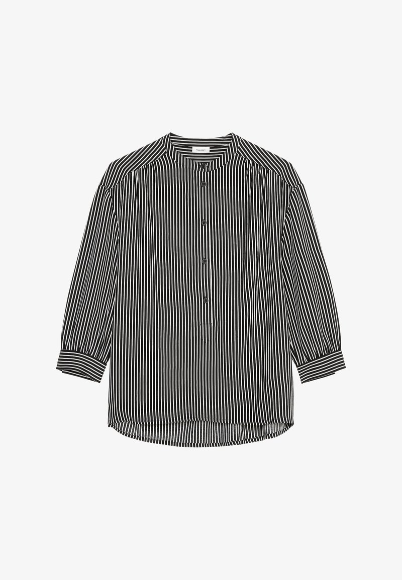 Czarna i biała bluzka w pionowe paski z długim rękawem, okrągłym dekoltem, plisą z guzikami i mankietami, o luźnym kroju.