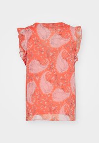 Top de estampado paisley rojo con mangas cortas y volantes. Tela ligera, corte holgado, diseño floral en tonos de rosa y coral.