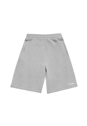 Pantaloncini da ginnastica grigio chiaro fino al ginocchio con vita elastica, tasche laterali e piccolo logo bianco del marchio sulla parte inferiore della gamba sinistra.