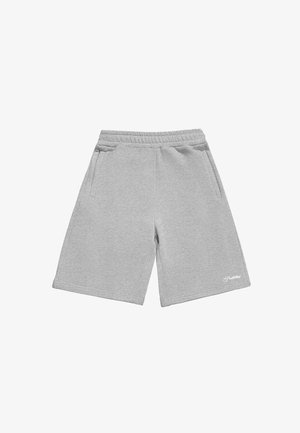 Lichtgrijze sweatshorts tot op de knie met elastische tailleband, zijzakken en klein wit merklogo op het onderste deel van het linkerbeen.