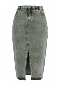 Lyhyt farkuhame vaaleanharmaana, jossa on etureikä, nappikiinnitys ja vyölenkit. Sujuva pinta, jossa on minimaalista kulutusta.