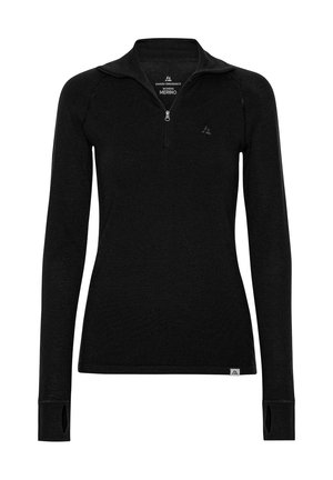 Maglia in lana merino nera con collo con zip, maniche lunghe, fori per il pollice e piccolo logo sul petto. Tessuto liscio, vestibilità sagomata.