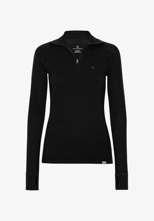 Maglia in lana merino nera con collo con zip, maniche lunghe, fori per il pollice e piccolo logo sul petto. Tessuto liscio, vestibilità sagomata.