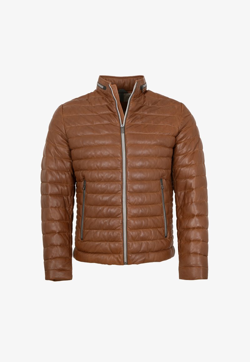 Braune Lederjacke mit gestepptem Design, hohem Kragen, silbernen Reißverschlüssen und seitlichen Taschen. Glatte Textur und taillierte Silhouette.