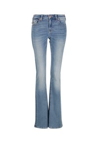 Šviesiai mėlyni džinsiniai bootcut džinsai su penkiomis kišenėmis, priekiniais mygtukais ir užtrauktuku, su blyškiu apdailinimu ant šlaunų ir kelių.