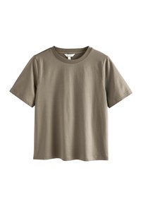 T-shirt kratkih rukava izrađen od mekog, laganog materijala u prigušenoj maslinastoj zelenoj boji. Ima okrugli izrez i ležeran kroj s ravnim rubom.