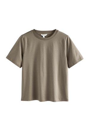 T-shirt kratkih rukava izrađen od mekog, laganog materijala u prigušenoj maslinastoj zelenoj boji. Ima okrugli izrez i ležeran kroj s ravnim rubom.