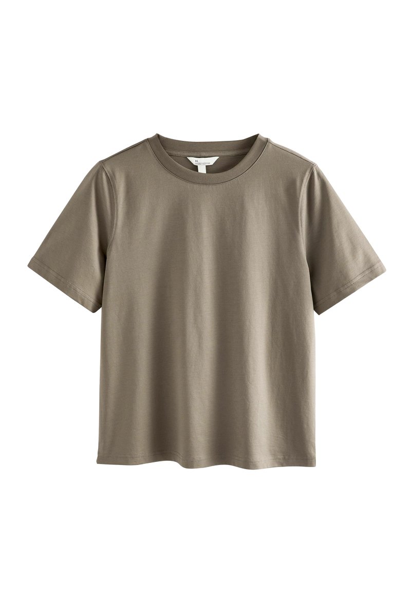 T-shirt kratkih rukava izrađen od mekog, laganog materijala u prigušenoj maslinastoj zelenoj boji. Ima okrugli izrez i ležeran kroj s ravnim rubom.