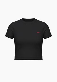 T-shirt noir court en tissu côtelé, avec un col rond et des manches courtes. Logo "Levi's" en rouge à l'avant.
