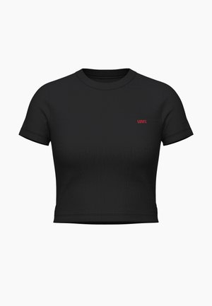 Mustat lyhyet hihatut t-paidat, jotka on valmistettu nukkakankaasta. T-paidassa on pyöreä kaula-aukko ja lyhyet hihat. Edessä punainen "Levi's" -logo.